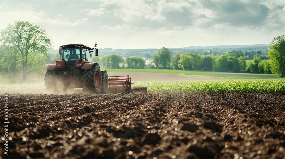 Fototapeta premium A tractor plowing a fertile field on a sunny day, showcasing the agricultural process and the beauty of farmland.