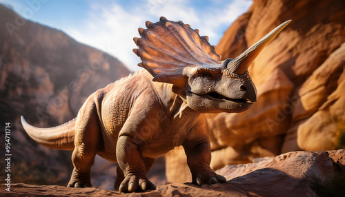 A photorealistic rendering of a Triceratops defending its territory in a rocky canyon. The Triceratops displays its impressive frill and horns, with detailed rock textures and a rugged terrain in the 