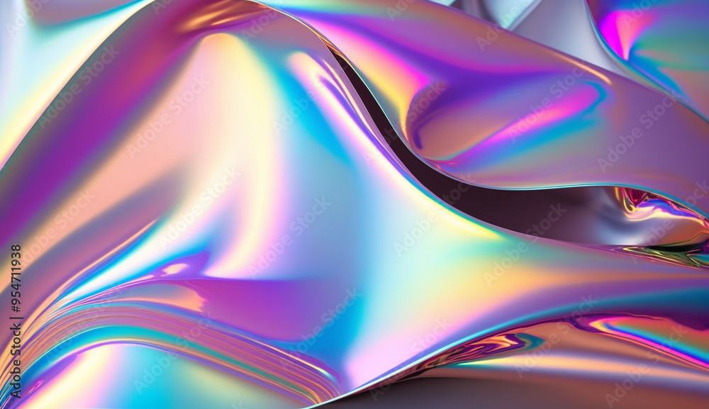 Fototapeta premium Holographic silk background. abstract iridescent gradient background. Abstract fluid iridescent holographic metalic shiny curved wave in motion colorful background 3d render