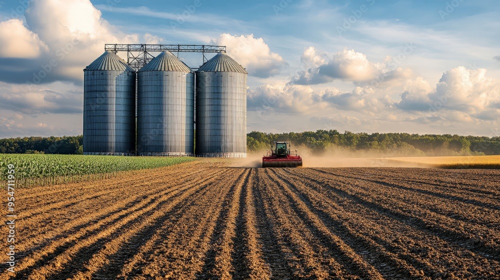 A tractor plowing a field near large silos on a sunny day, showcasing agricultural machinery and silos against a beautiful sky. A tractor plowing a field near large silos on a sunny day, showcasing agricultural machinery and silos against a beautiful sky.
