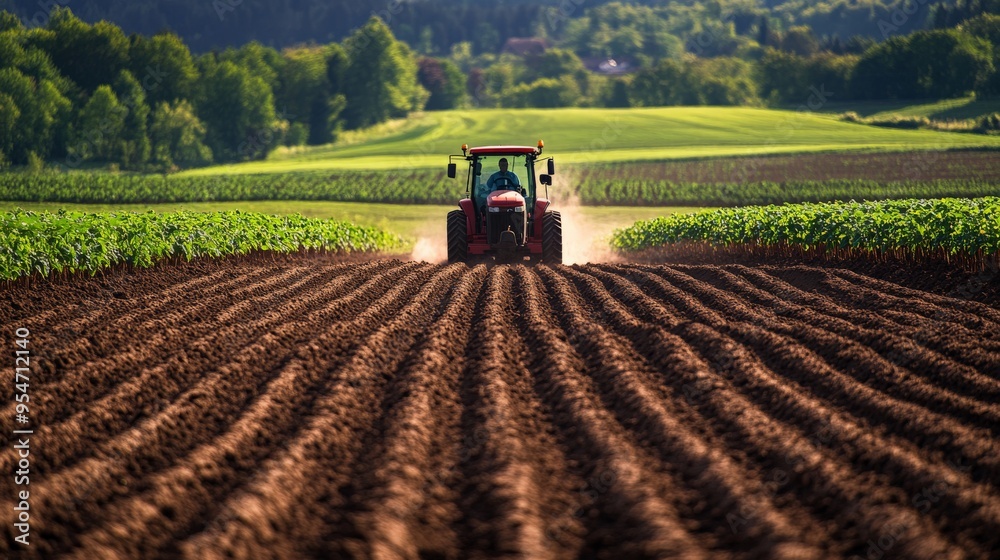 A tractor plowing a vast field with neat rows of soil, surrounded by lush greenery and hills under a blue sky. Ideal for agricultural themes. A tractor plowing a vast field with neat rows of soil, surrounded by lush greenery and hills under a blue sky. Ideal for agricultural themes.