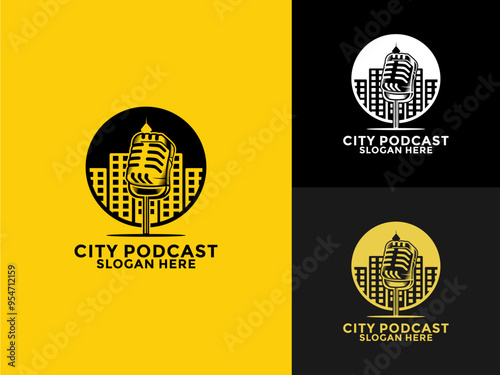 City Podcast logo design vector on flat style, Podcast logo template