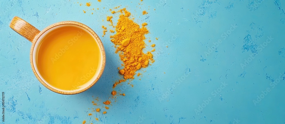 Golden tea Turmeric beverage tea served in a wooden mug with dried and ground turmeric on a blue background Top view Copyspace Golden tea Turmeric beverage tea served in a wooden mug with dried and ground turmeric on a blue background Top view Copyspace