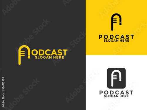 Letter P and Mic Podcast logo design vector on flat style, Podcast logo template