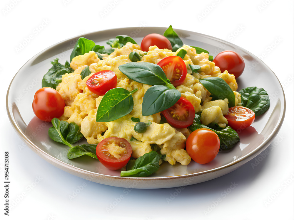 Plate of scrambled eggs with spinach and tomatoes, nutritious and easy, isolated on white Plate of scrambled eggs with spinach and tomatoes, nutritious and easy, isolated on white