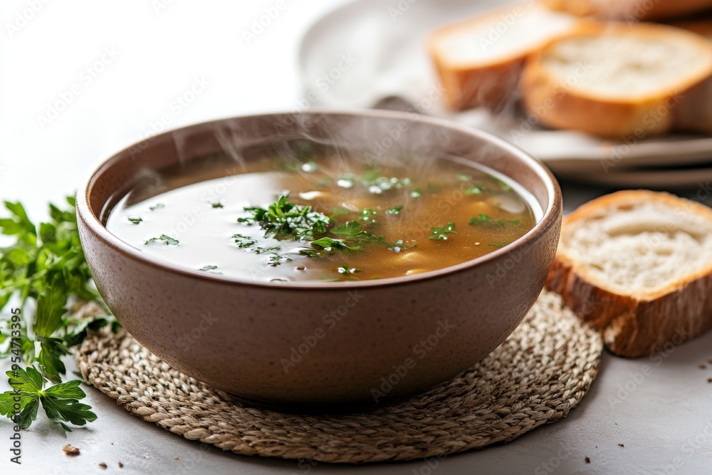 a beautifully composed photo of a bowl of steaming hot soup on a natural fiber placemat, with a few slices of bread nearby a beautifully composed photo of a bowl of steaming hot soup on a natural fiber placemat, with a few slices of bread nearby