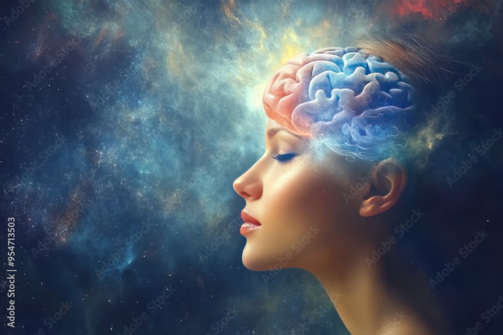 fMRI Cognition Woman with a cosmic brain visualizing the boundless creativity and the universe of ideas within the human mind fMRI Cognition Woman with a cosmic brain visualizing the boundless creativity and the universe of ideas within the human mind