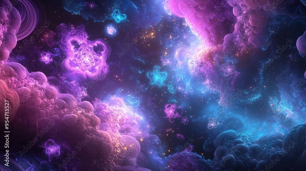 A luminous metaverse filled with glowing violet and blue fractals, floating stars, and a deep, cosmic background A luminous metaverse filled with glowing violet and blue fractals, floating stars, and a deep, cosmic background