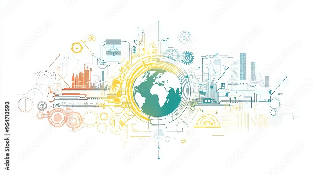 Fototapeta premium A line drawing depicts the interconnectedness of world future technology: a globe, cogs, circuitry, and a microchip, symbolizing the convergence of global communication, advanced engineering