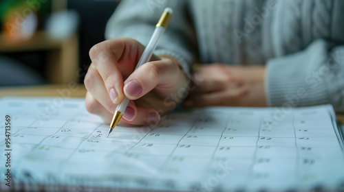 Female Hand with pen mark on calendar date, closeup shot