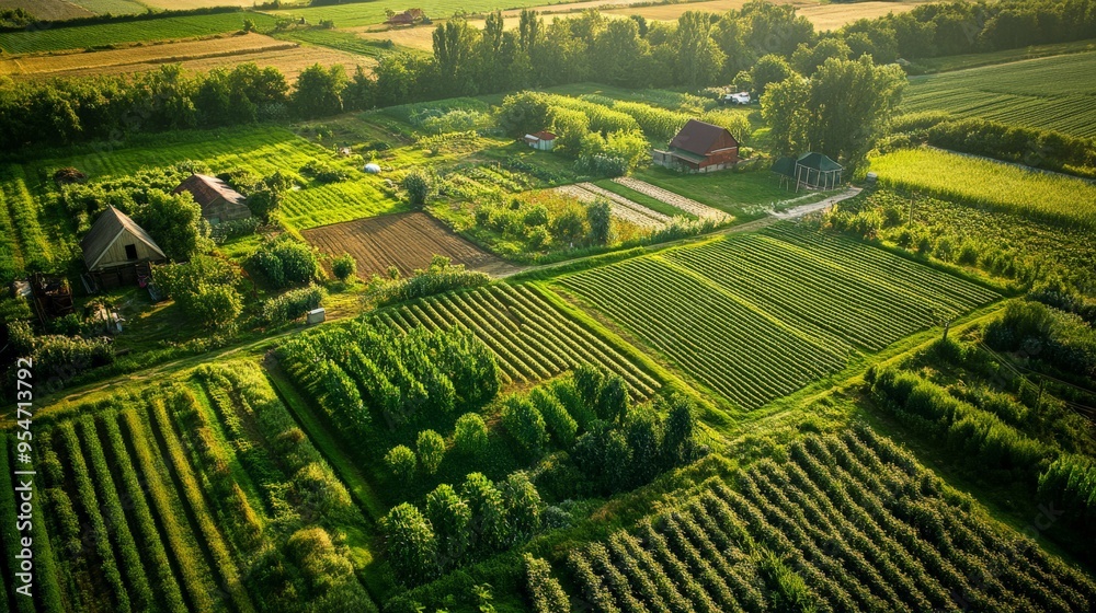 Naklejka premium Aerial view of a picturesque rural landscape with lush green fields, farms, and houses during golden hour, creating a peaceful and idyllic scene.