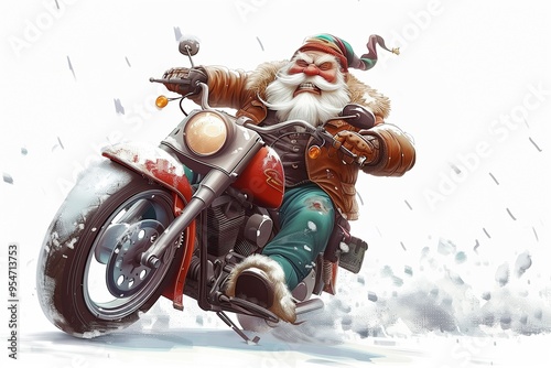 Santa Claus, Father Frost rides a motorcycle. Humorous, cartoon picture photo