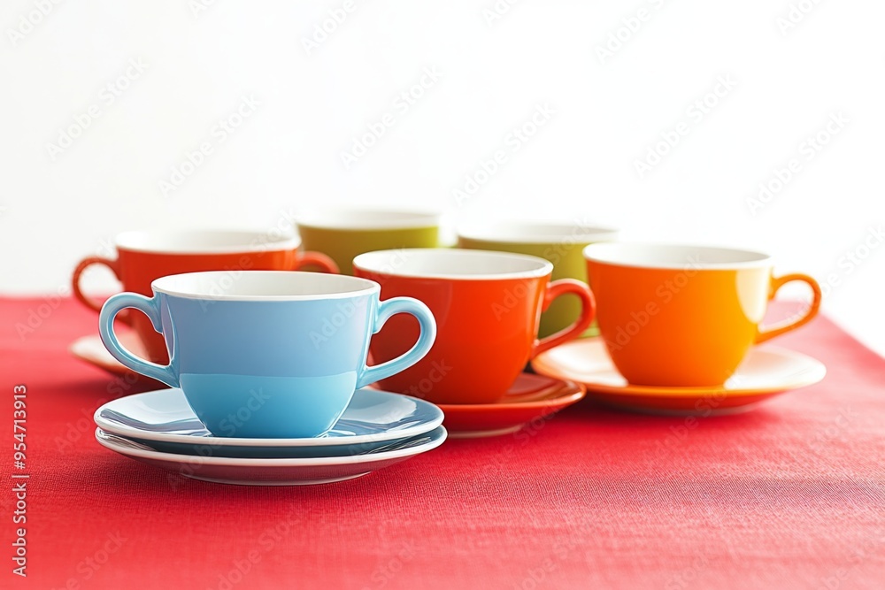 a beautifully styled image of a set of colorful coffee cups on a bright red tablecloth, with a few saucers stacked nearby a beautifully styled image of a set of colorful coffee cups on a bright red tablecloth, with a few saucers stacked nearby