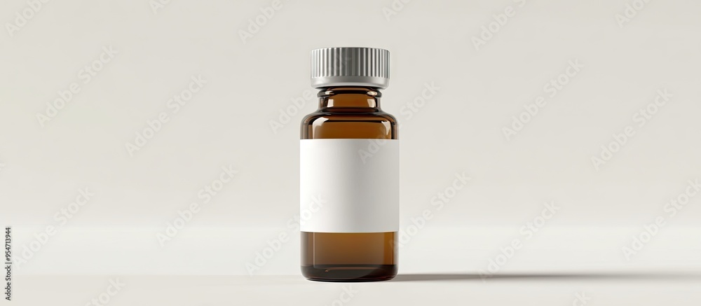 Amber glass injection vial bottle featuring a blank white label. with copy space image. Place for adding text or design Amber glass injection vial bottle featuring a blank white label. with copy space image. Place for adding text or design