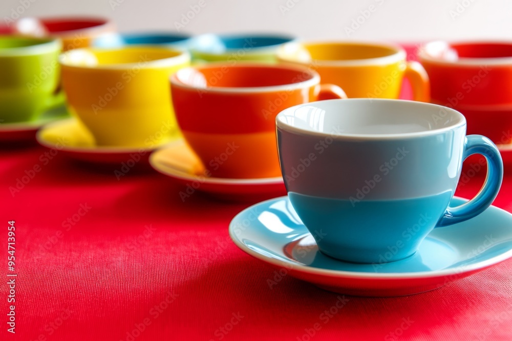 a beautifully styled image of a set of colorful coffee cups on a bright red tablecloth, with a few saucers stacked nearby a beautifully styled image of a set of colorful coffee cups on a bright red tablecloth, with a few saucers stacked nearby