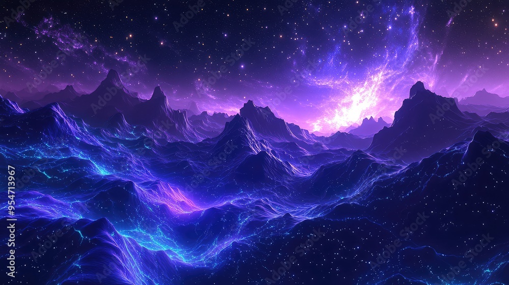 A luminous metaverse with violet and blue fractal waves, accompanied by stars that shimmer in a dark, digital sky A luminous metaverse with violet and blue fractal waves, accompanied by stars that shimmer in a dark, digital sky