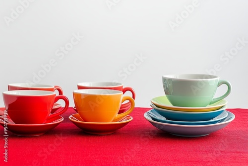 a beautifully styled image of a set of colorful coffee cups on a bright red tablecloth, with a few saucers stacked nearby