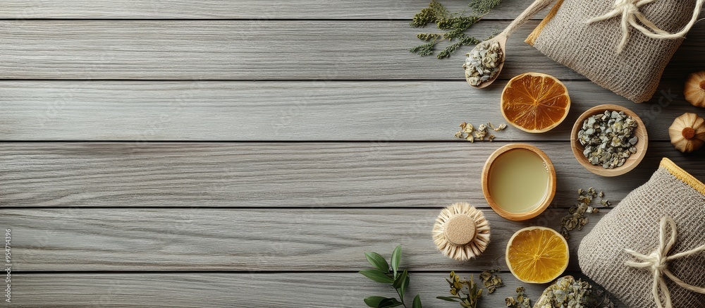 Flat lay arrangement featuring herbal massage bags and various spa products on a gray wooden table with space for text. with copy space image. Place for adding text or design Flat lay arrangement featuring herbal massage bags and various spa products on a gray wooden table with space for text. with copy space image. Place for adding text or design