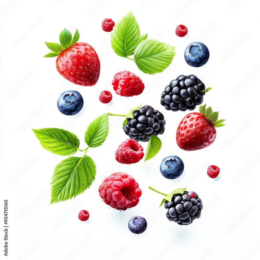 Flying fresh berries: Strawberries, Raspberries, Blueberries and Blackberries on white background. Flying fresh berries: Strawberries, Raspberries, Blueberries and Blackberries on white background.
