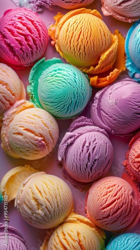 22 Assorted ice cream scoops, vibrant hues, macro shot, bright background