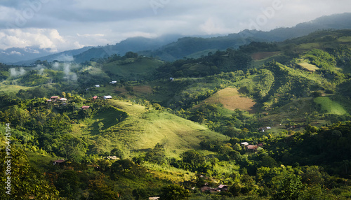 A serene mountain landscape in the Dominican Republic, showcasing lush green hills and valleys. Mist gently rolls over the verdant terrain, with traditional wooden houses dotted throughout.