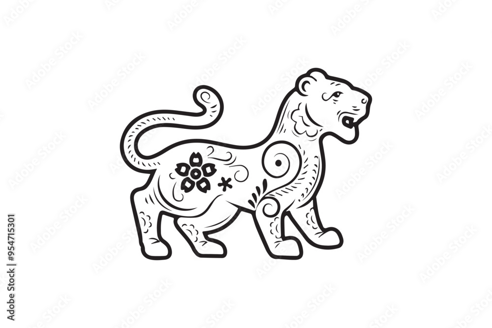 Black and white illustration of a stylized tiger adorned with intricate floral and swirl patterns. Black and white illustration of a stylized tiger adorned with intricate floral and swirl patterns.