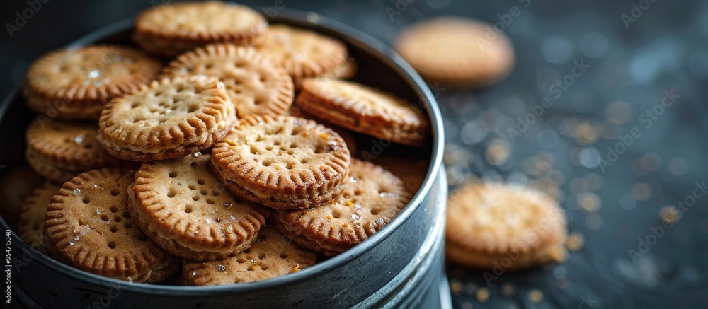 Cookies in a metal tin against a dark gray background Close up Macro. with copy space image. Place for adding text or design