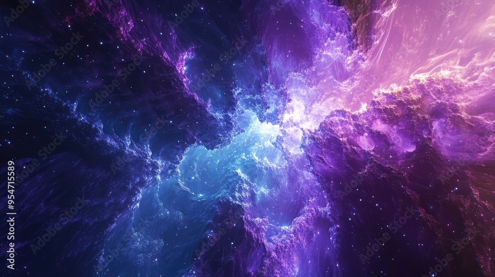 A radiant metaverse scene with violet and blue geometric fractals and stars that light up the infinite space