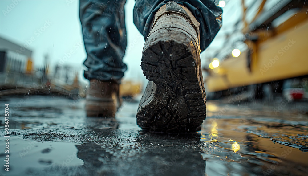 person's Muddy work boots walking on wet ground person's Muddy work boots walking on wet ground