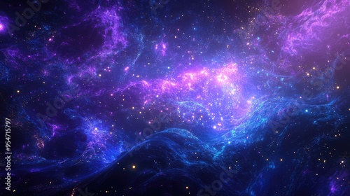 A surreal digital space in the metaverse, featuring violet and blue fractals, twinkling stars, and glowing nebulae