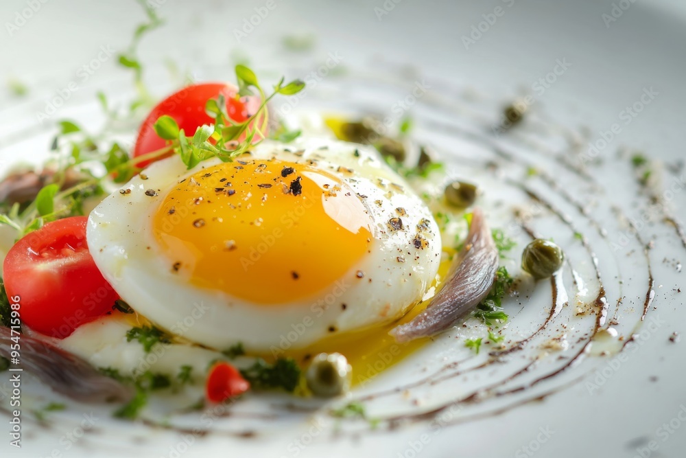 a close-up of a single serving of nicoise salad, with a perfectly cooked egg yolk oozing out onto the plate, surrounded by a delicate pattern of anchovy fillets and capers a close-up of a single serving of nicoise salad, with a perfectly cooked egg yolk oozing out onto the plate, surrounded by a delicate pattern of anchovy fillets and capers