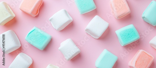 Wallpaper Mural Colorful marshmallows arranged on a turquoise and pink paper background Pastel creative textured design Minimalistic. with copy space image. Place for adding text or design Torontodigital.ca