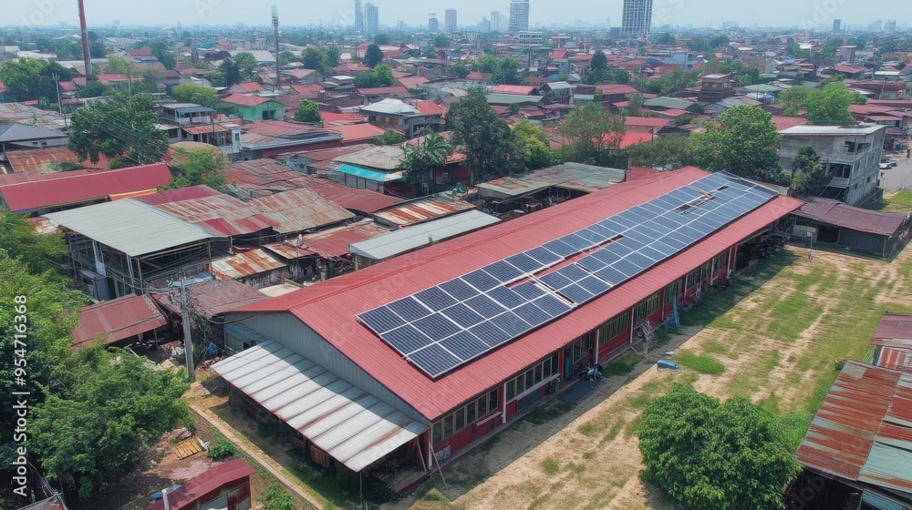 A large building features a roof covered with solar panels, providing renewable energy to the surrounding community and promoting sustainability. A large building features a roof covered with solar panels, providing renewable energy to the surrounding community and promoting sustainability.