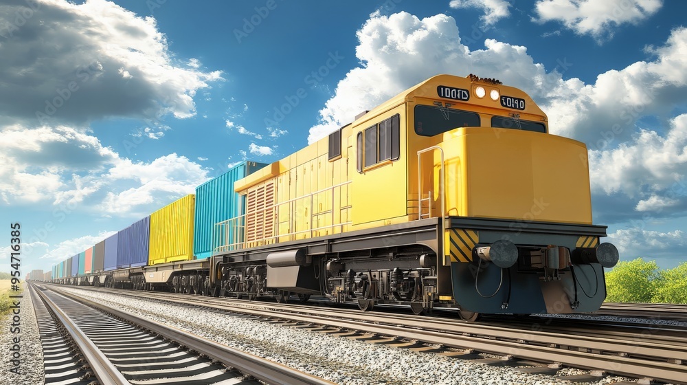 Bright yellow freight train with cargo containers traveling on railroad tracks under a clear blue sky with scattered clouds. Bright yellow freight train with cargo containers traveling on railroad tracks under a clear blue sky with scattered clouds.