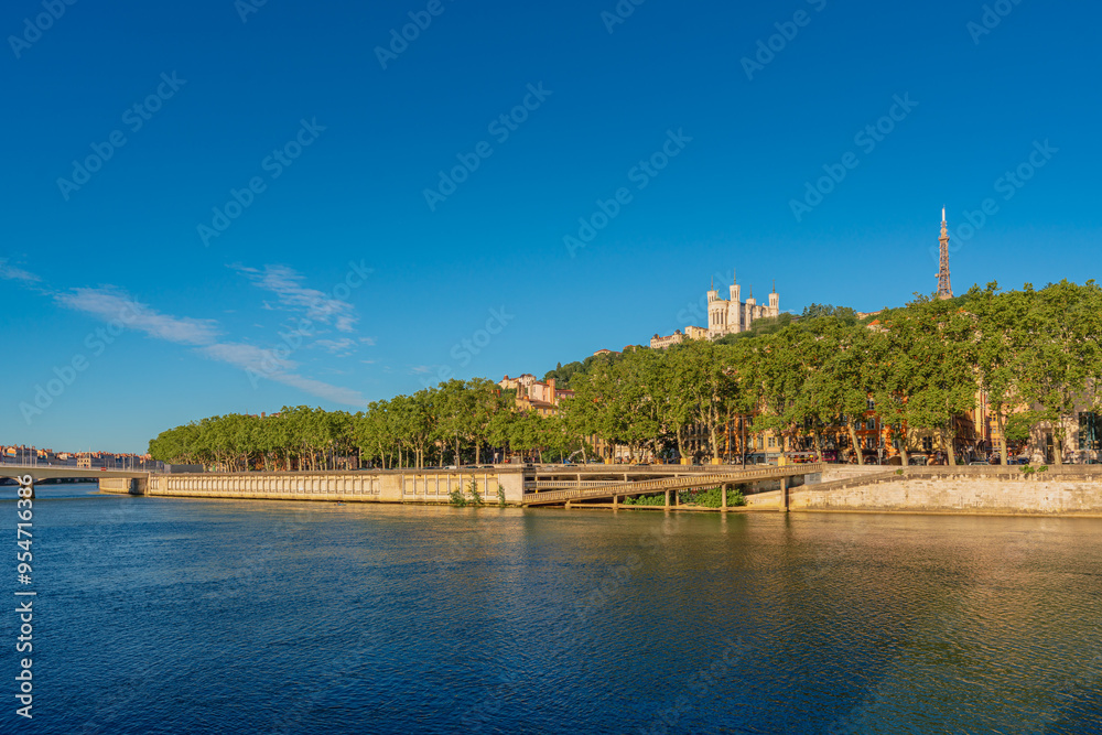 Fototapeta premium View of the Saone River with the Fourviere Hill in the background, Lyon, France