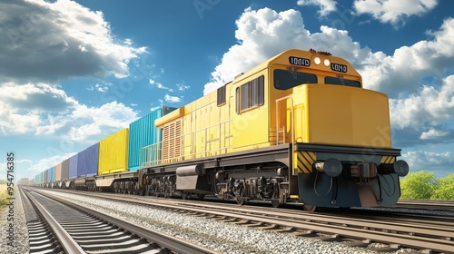 Bright yellow freight train with cargo containers traveling on railroad tracks under a clear blue sky with scattered clouds.