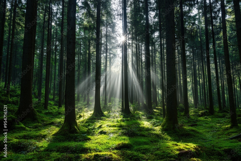 Fototapeta premium A breathtaking view of a dense forest with sunlight streaming through the tall trees, illuminating the lush green moss-covered ground, creating a serene and peaceful atmosphere.