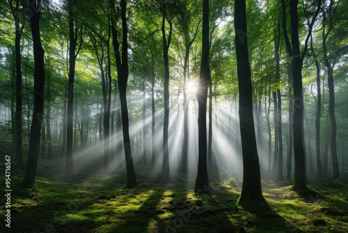 A stunning display of nature with sunlight rays piercing through a majestic forest in the early morning, showcasing mist and the pristine beauty of the tree trunks and foliage.