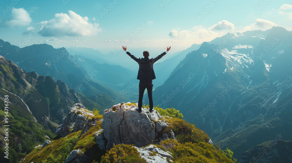 Obraz premium businessman standing on top of mountain with hands raised, success and achievement concept