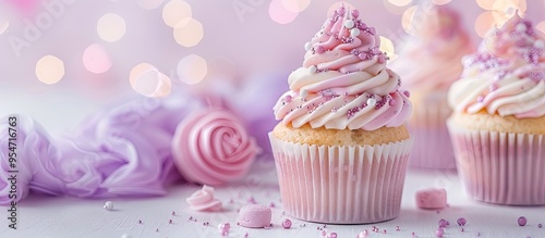 Baby shower cupcake featuring pink cream and a topper on a white table with a violet background providing space for text. with copy space image. Place for adding text or design