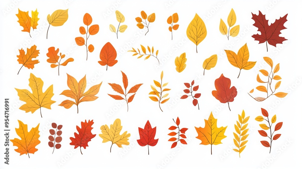 Autumn leaves from maple, chestnut, and oak trees in yellow, orange, and red. Perfect for patterns, banners, stickers, or fall-themed cards. Vector illustration on a white background. Autumn leaves from maple, chestnut, and oak trees in yellow, orange, and red. Perfect for patterns, banners, stickers, or fall-themed cards. Vector illustration on a white background.