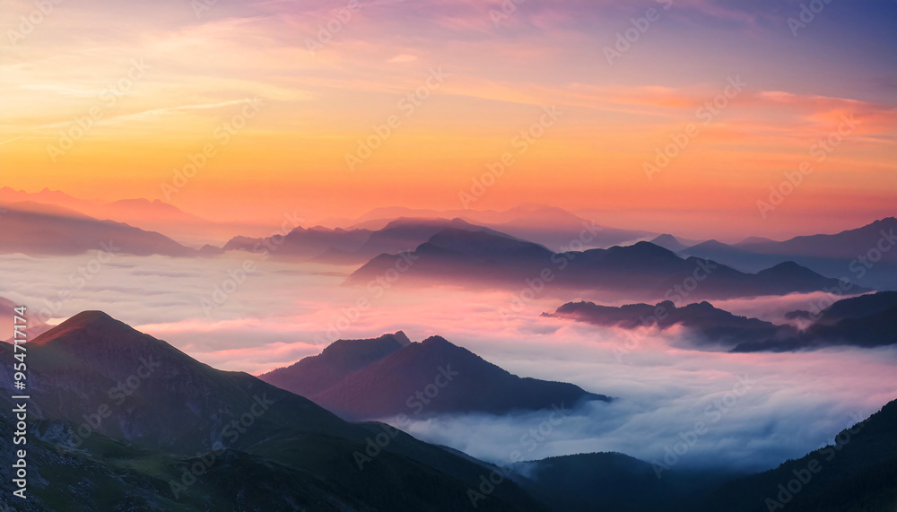 A serene, panoramic view of a misty mountain range during sunrise, with soft pastel colors and ethereal clouds. A serene, panoramic view of a misty mountain range during sunrise, with soft pastel colors and ethereal clouds.