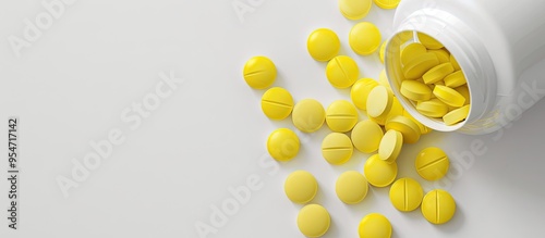 Yellow oval tablet pills and an opened white bottle are set against a white background with copyspace for text emphasizing the theme of medicine and health photo