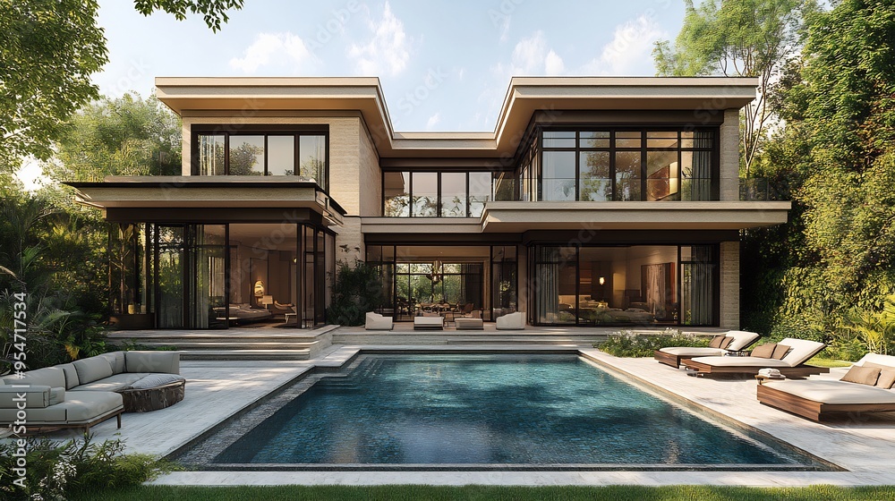 Fototapeta premium Blueprint of luxury villa with garden layouts swimming pool and detailed room designs