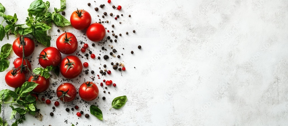 Raw tomatoes herbs and black pepper on a light concrete surface Top view with copyspace Raw tomatoes herbs and black pepper on a light concrete surface Top view with copyspace