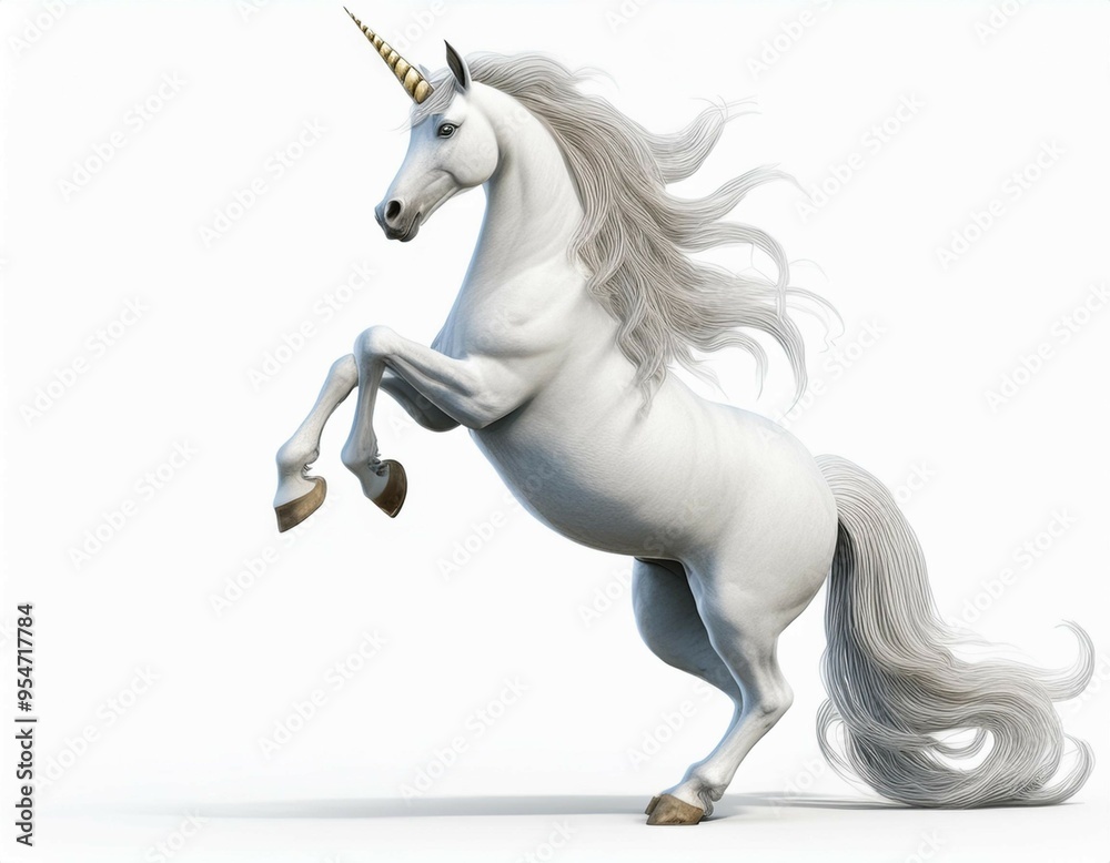 Majestic Unicorn's Ascendancy: A white unicorn with a flowing mane and golden horn rears up in majestic splendor against a pure white backdrop. Majestic Unicorn's Ascendancy: A white unicorn with a flowing mane and golden horn rears up in majestic splendor against a pure white backdrop.