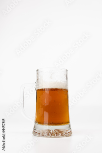 Frosty Beer Mug Filled with Toasted Beer on White Background