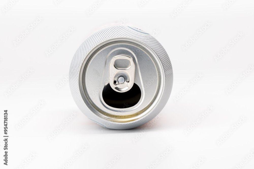 Opened Beer Can with Focused Details Against a White Backdrop Opened Beer Can with Focused Details Against a White Backdrop