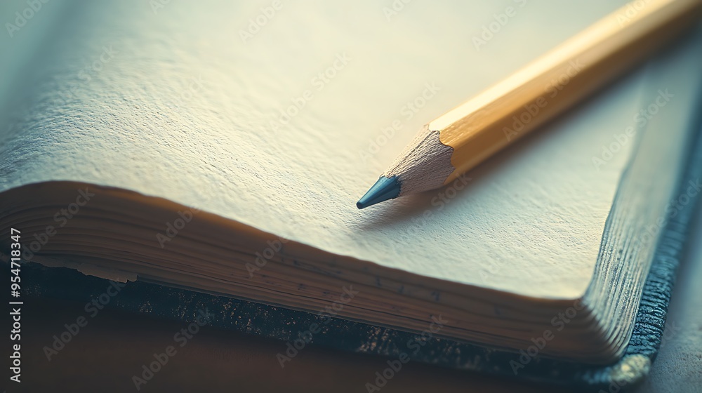 A Close-Up View of a Yellow Pencil Resting on Blank Pages Ready for Creativity A Close-Up View of a Yellow Pencil Resting on Blank Pages Ready for Creativity