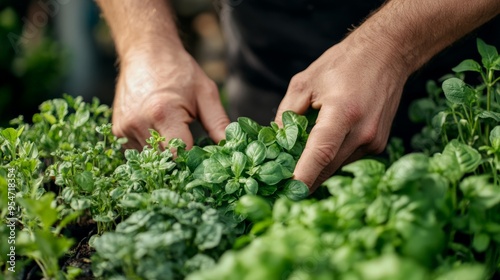 Close-up of hands tending to lush green herbs in a garden, highlighting gardening, nature, and organic farming.